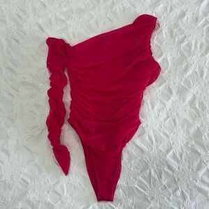 Zara Pink Mesh Ruched One-Shoulder Bodysuit size Small